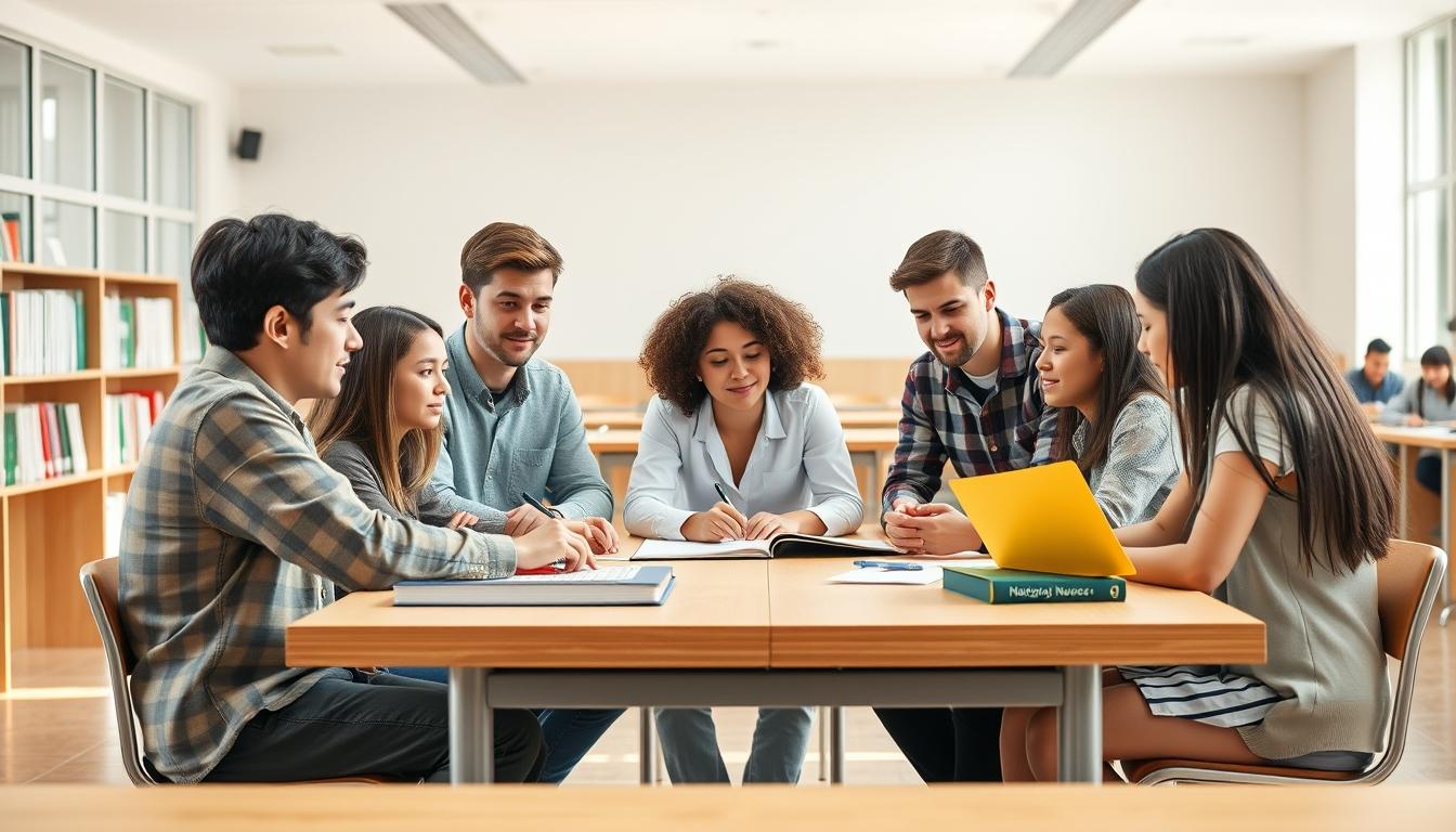 Students studying together in modern classroom